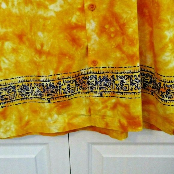 Mens Tie Dye Batik Hawaiian Shirt sz XL Bright Yellow w Blue Petroglyphs - Picture 3 of 9